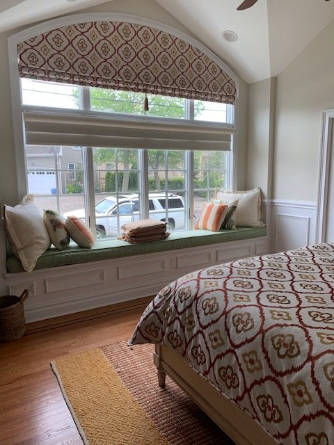 Arched Roman Shade with Matching Duvet and Hunter Douglas Pirouette Shades. Custom Upholstered Window Seat.