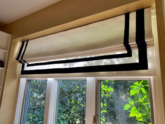 Roman Shade Valance with Navy Blue Double Banding Trim in Kitchen
