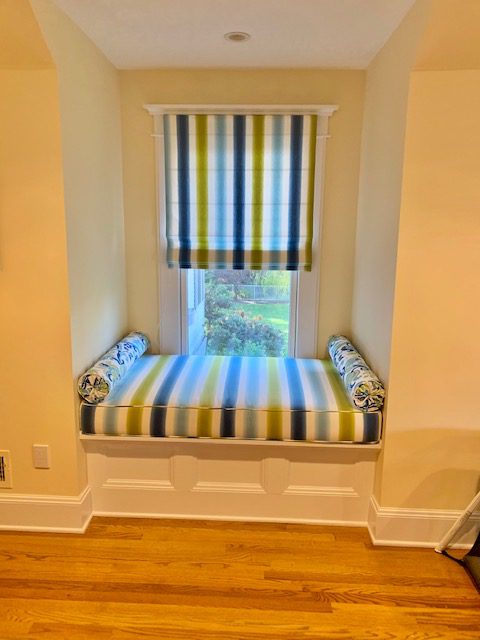 Custom Window Seat and Bolsters in Family Room