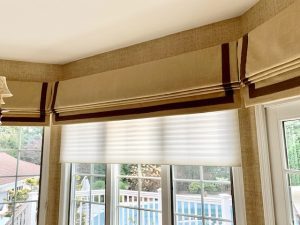 Banded Linen Roman Shade Valances in Kitchen