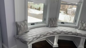 Custom Round Window Seat Cushions in Sitting Room with Matching Pillows