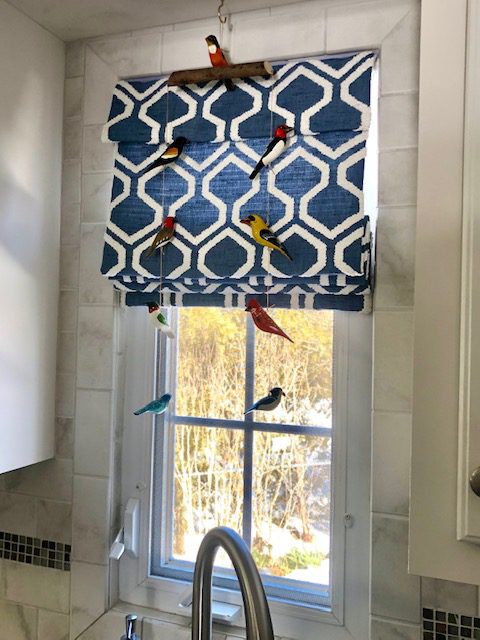 Roman Shade with Soft Valance in Geometric Fabric in Kitchen