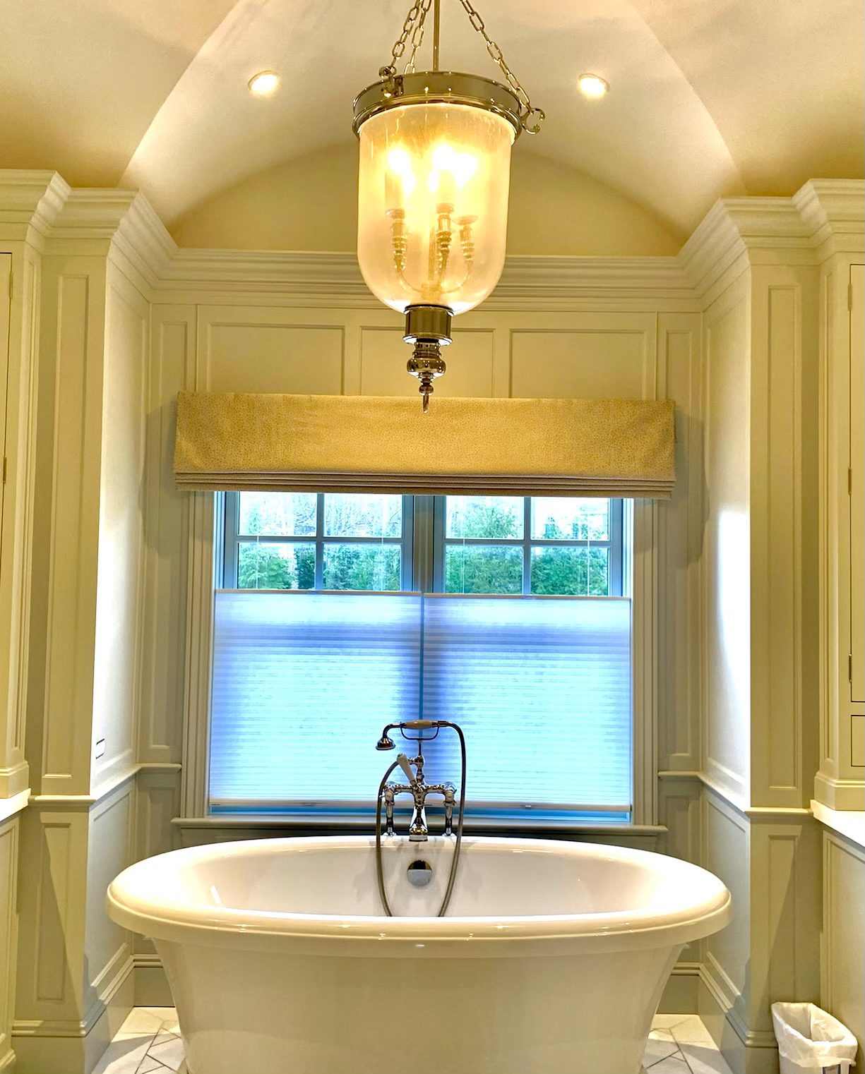 Roman Shade Valance with Top Down/Bottom Up Norman Cellular Shade in Master Bathroom