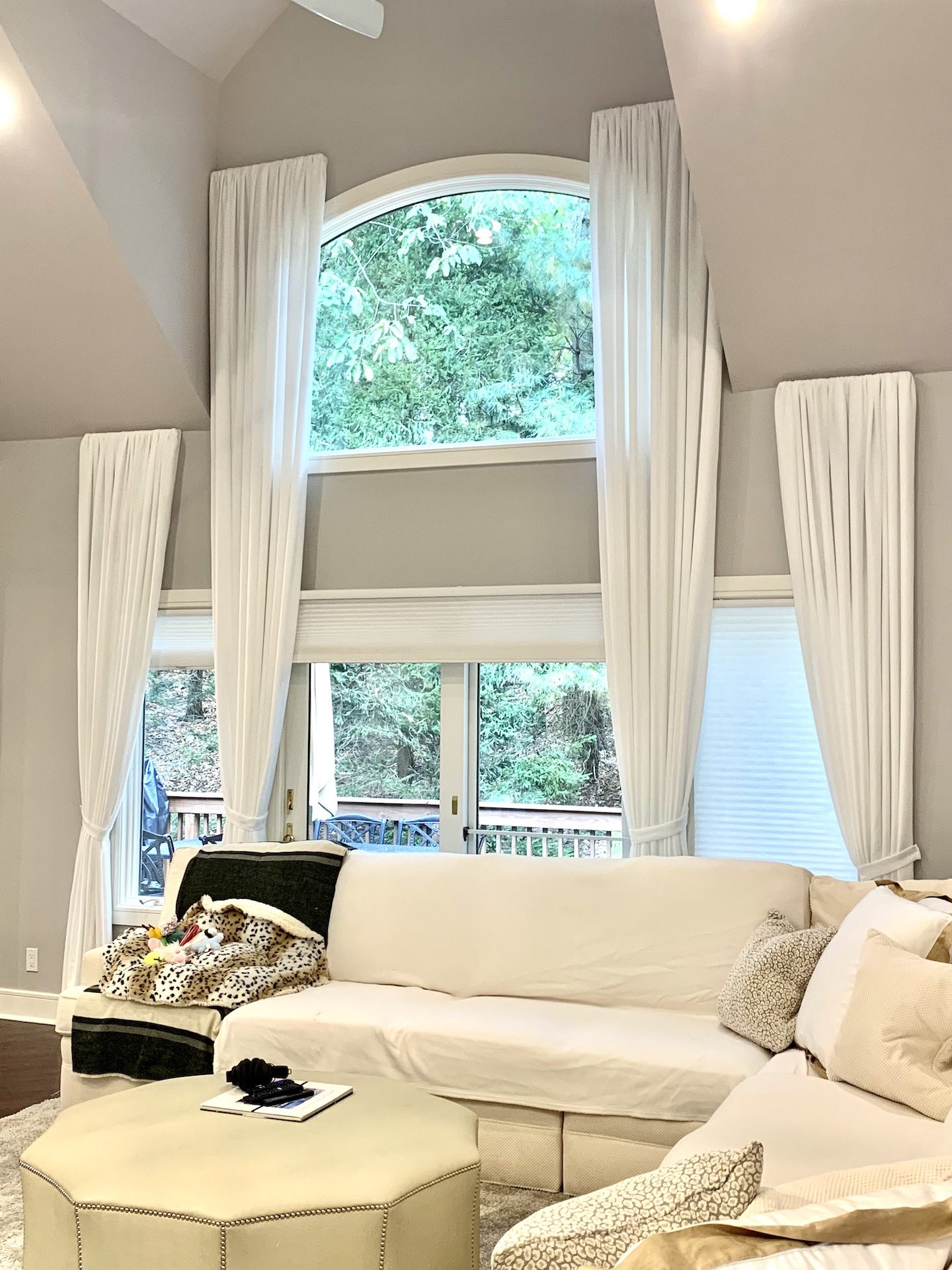 Floating Board Mounted Linen Drapery Panels on High and Low Windows in Family Room