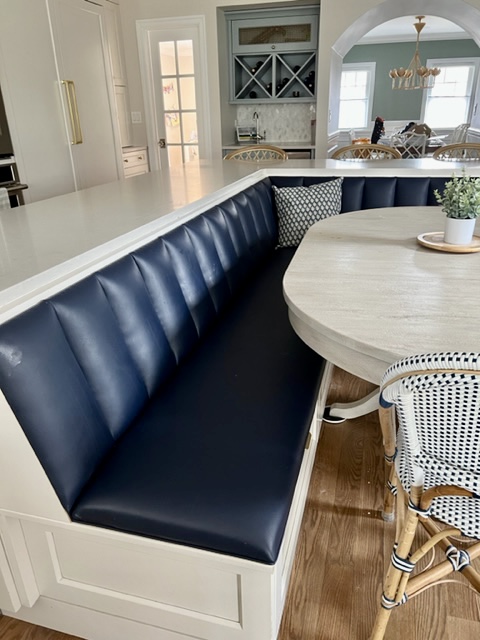 Channel Back Tufted Kitchen Banquette in Navy Blue Faux Leather