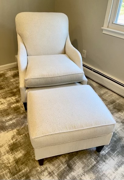 Club Chair and Ottoman Reupholstered in Barrow Fabrics Tone on Tone Ivory Fabric