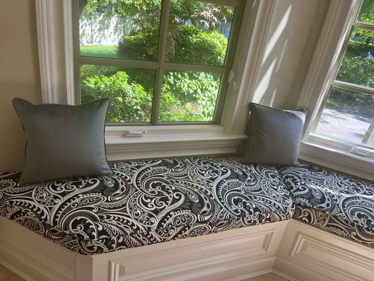 Custom Upholstered Window Seat Using Barrow Fabric in Dining Room