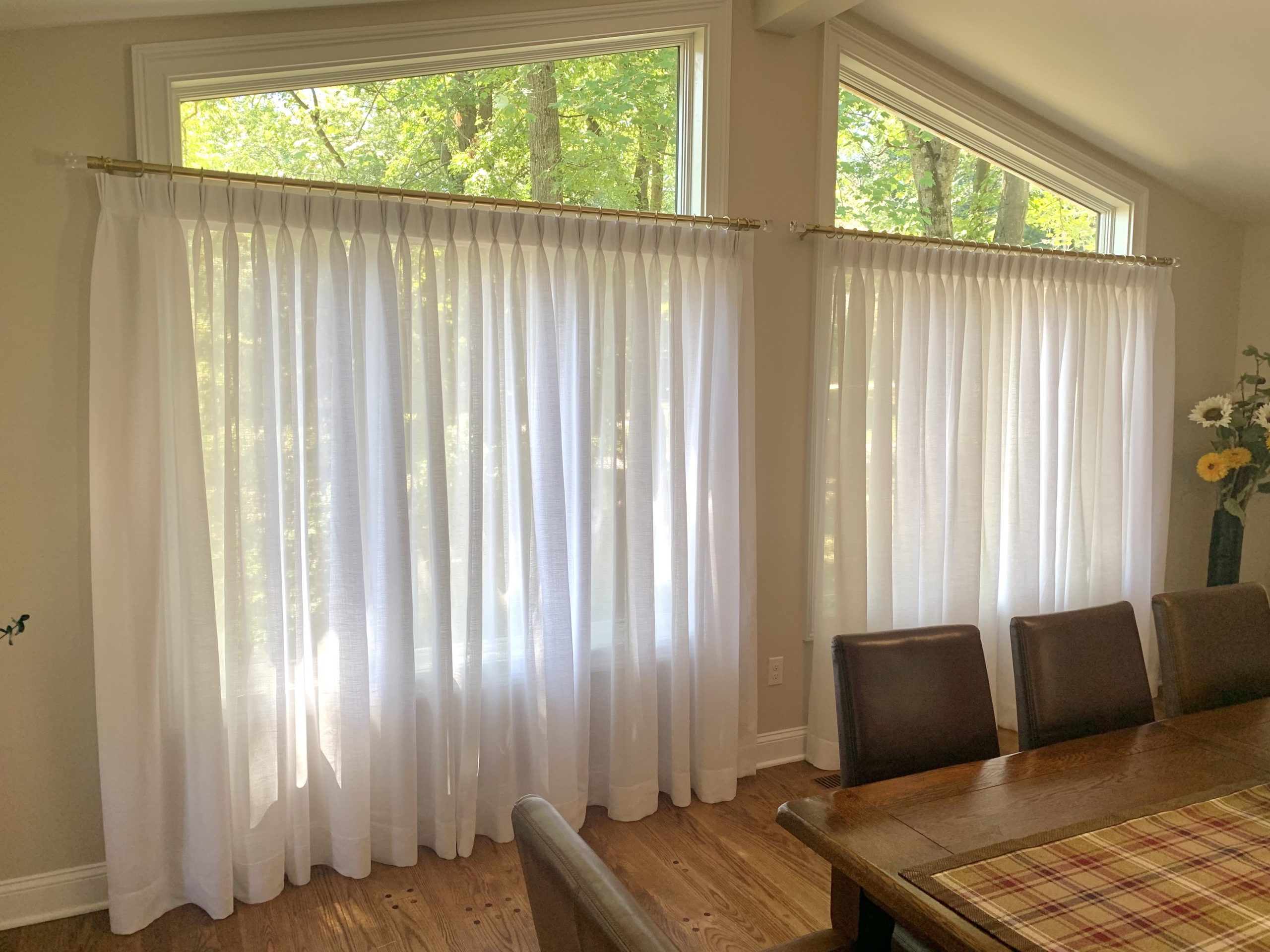 Pinch Pleat Sheer Linen Drapery Panels on TRAX Hardware in Dining Room