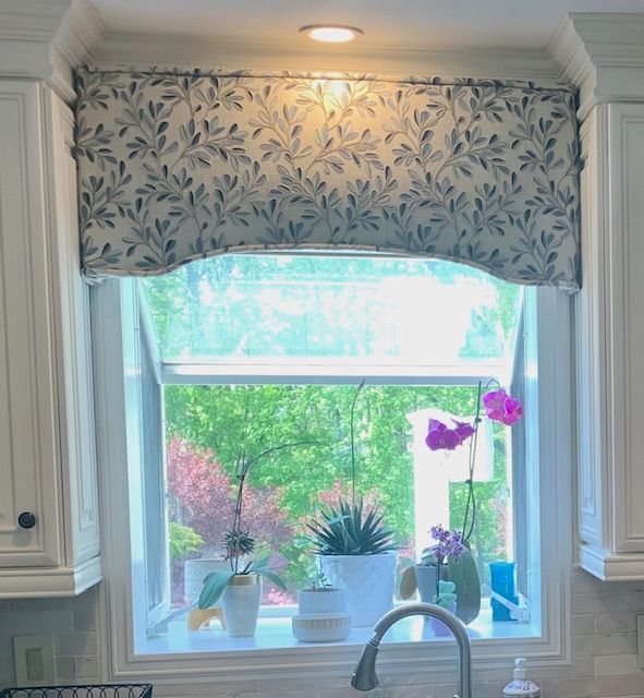 Shaped Cornice Using Embroidered Fabric & Corded Welting in Kitchen