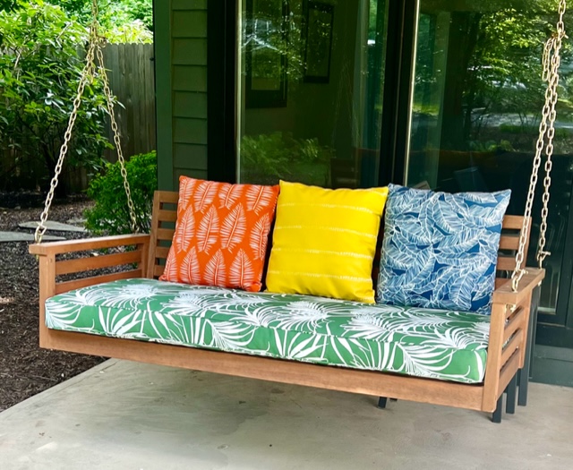 Colorful Reupholstered Seat Cushion & Pillows using Norbar Indoor/Outdoor Fabric