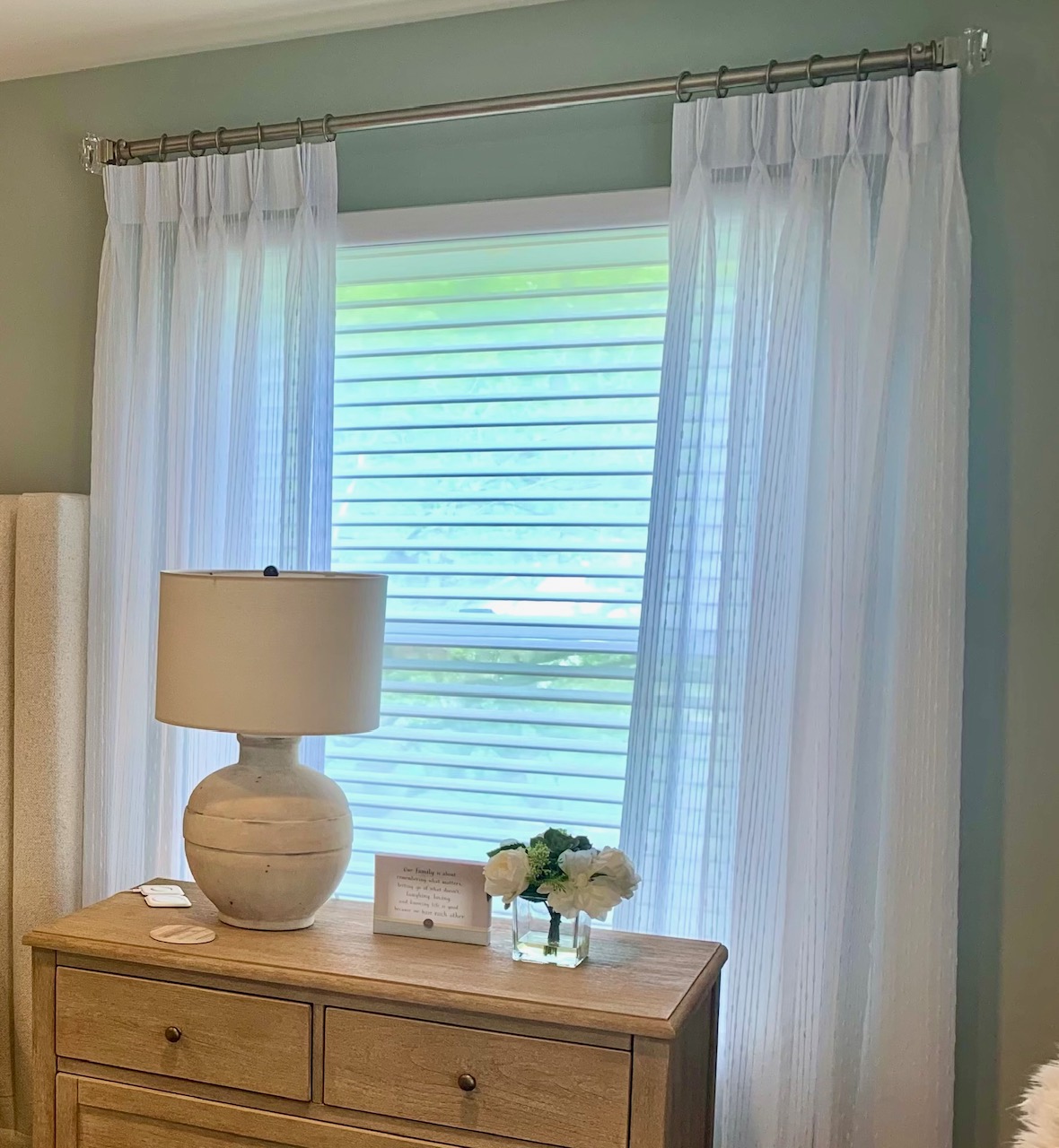 Sheer Drapery Side Panels on TRAX Gold Hardware over Alta Sheer Shadings in Master Bedroom