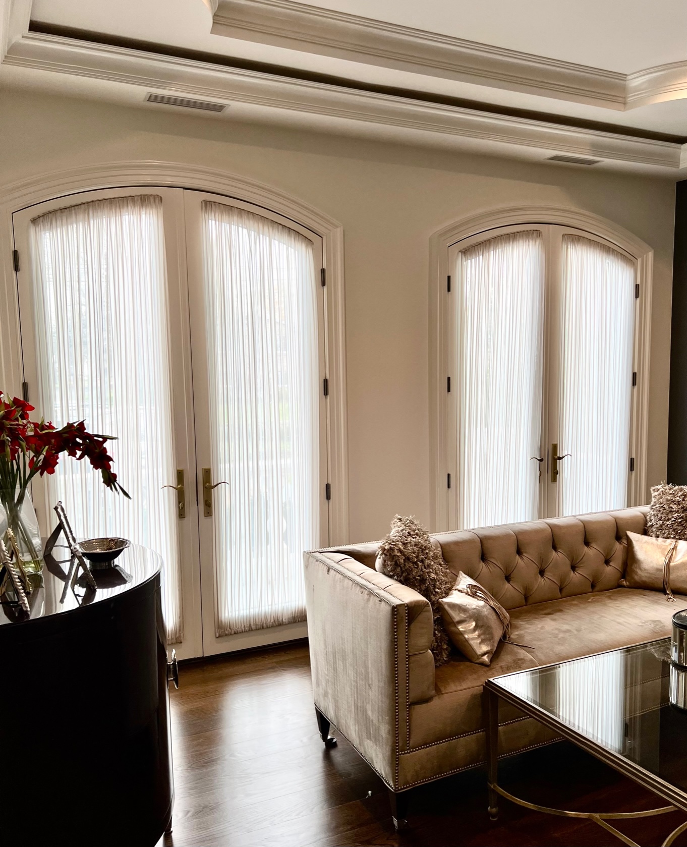 Shirred Sheer Stretch Drapery Panels on Arched French Doors in Living Room