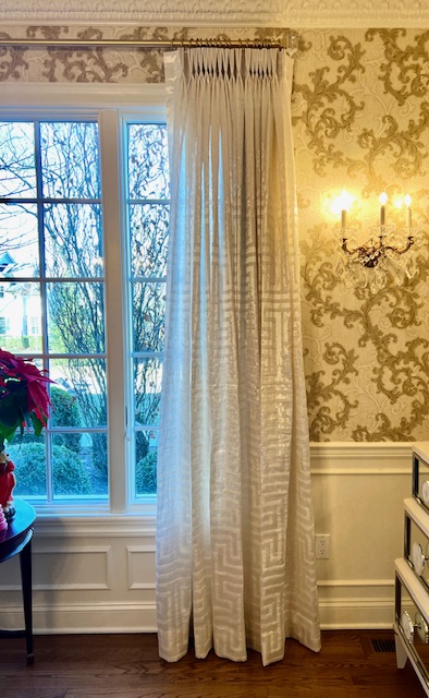 Pinch Pleat Drapery Panels Using Gorgeous Novel Fabric in Dining Room