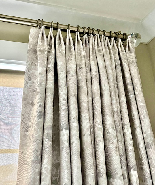 Pinch Pleat Drapery Panels using Stout Fabric on Silver TRAX Hardware with Crystal Finials