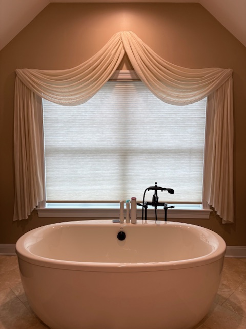Sheer Swags and Side Panels in Master Bathroom