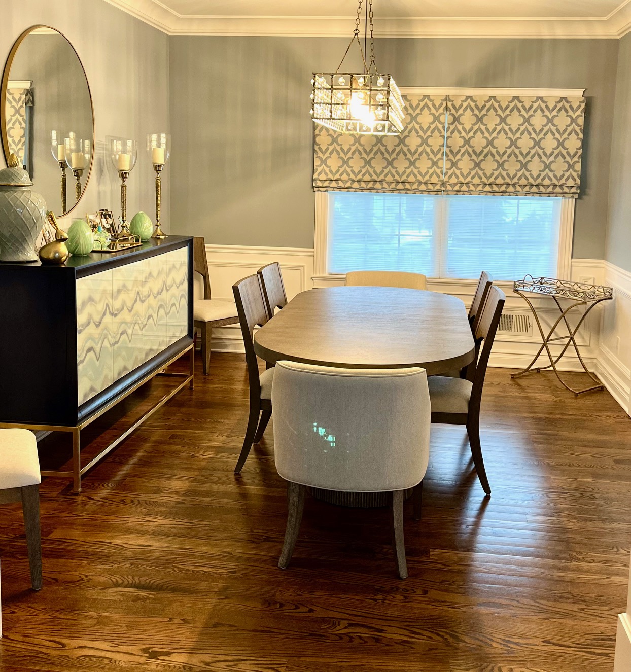 Flat Cordless Roman Shade using East Coast Fabric in Dining Room