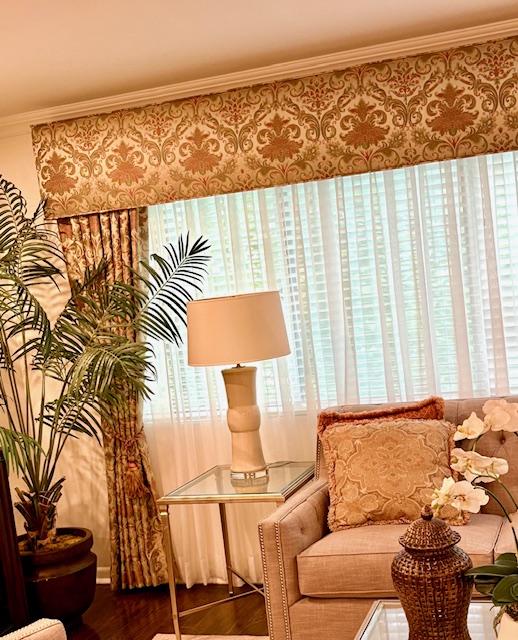Traditional Old World Straight Cornice, Sheers, & Side Drapes in Living Room
