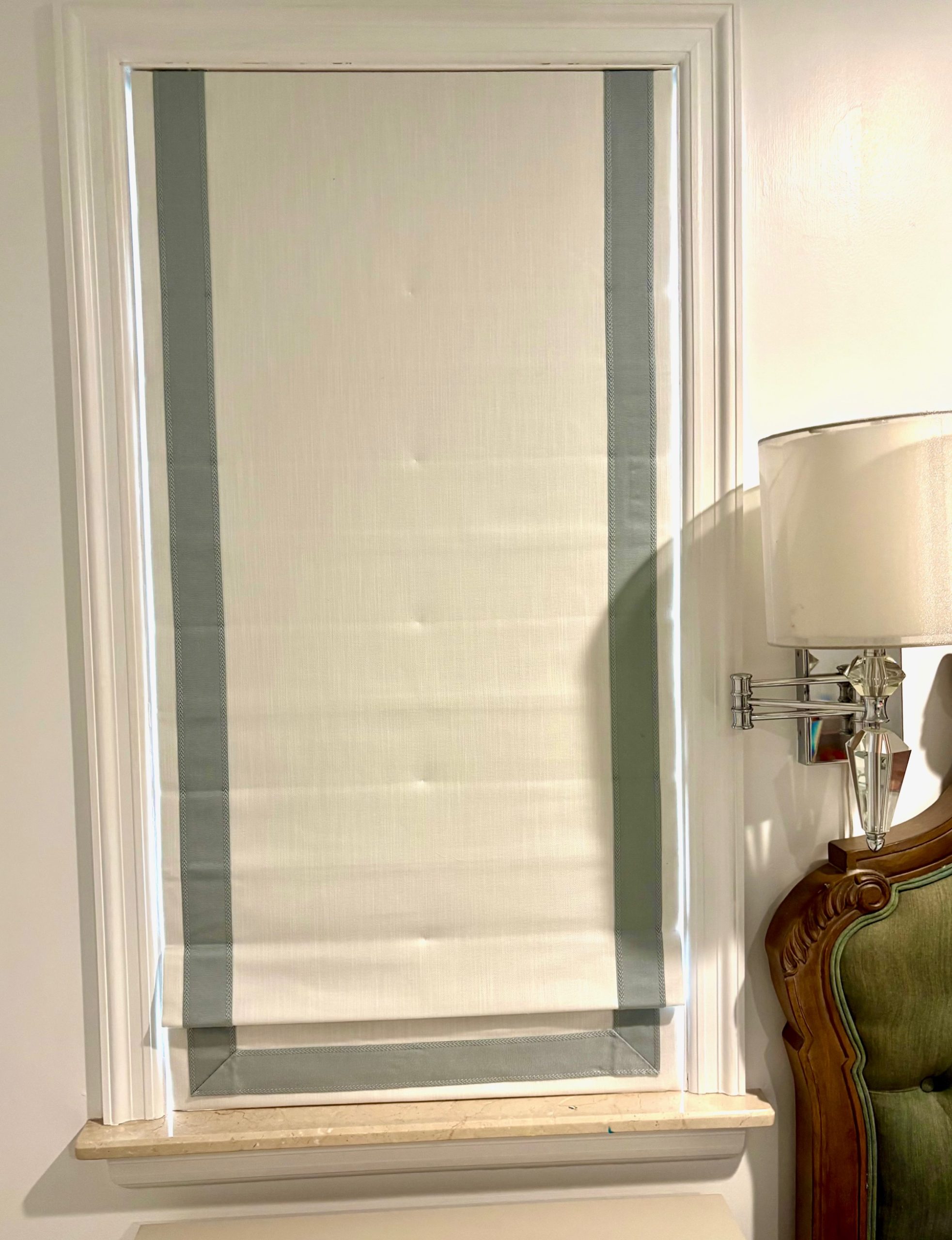 Room Darkening Flat Roman Shade with Banding in Girls Bedroom